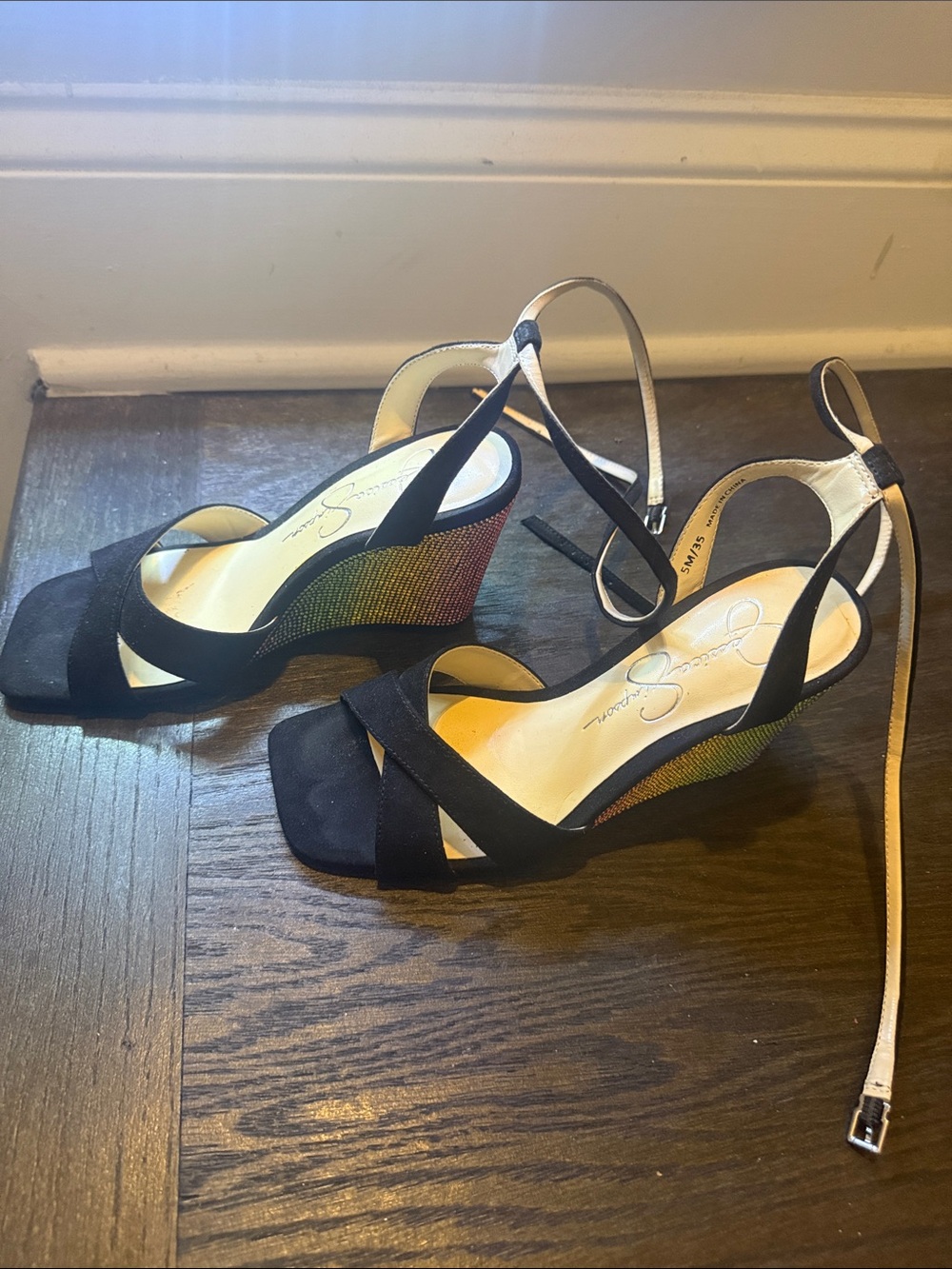 Jessica Simpson Black Suede Wedge Sandals with Rainbow Textured Heel